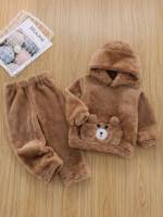 Brown Cartoon Hooded Toddler Boy Two-piece Outfits 4139