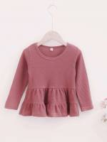 Round Neck Regular Fit Ruffle Hem Cute Toddler Girls Tops 659