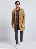 Lapel Long Sleeve Brown Regular Fit Men Overcoats 93