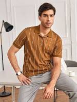 Brown Short Sleeve Striped Regular Men Clothing 2037