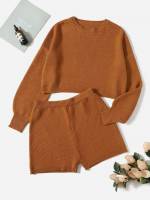 Brown Plain Casual Plus Size Knitwear 6373