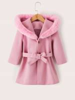 Long Sleeve Hooded Casual Plain Toddler Girl Overcoats 3683