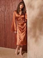 V neck Brown Knot Women Sleepwear 2973