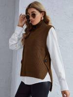 Regular Fit High Neck Casual Button Women Sweater Vests 177