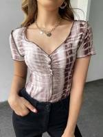 Sweetheart Lettuce Trim Graphic Brown Women Tops, Blouses  Tee 5102