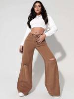 Long Ripped Plain Women Jeans 140