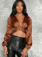 Deep V Neck Plain Brown Women Blouses 7606