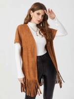 Short Brown Fringe Plain Women Coats 6874