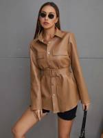  Brown Plain Collar Women Coats 155