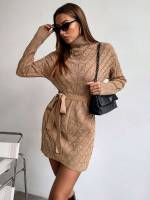 Elegant High Neck Brown Belted Women Knitwear 705