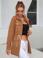 Brown Short Drawstring Long Sleeve Women Clothing 3486