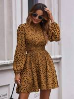 Long Sleeve All Over Print Elegant Stand Collar Women Dresses 1826