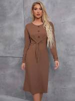 Long Sleeve Button Round Neck Elegant Women Dresses 8953