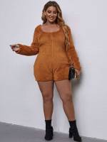  Brown Scoop Neck Long Sleeve Plus Size Jumpsuits  Bodysuits 988