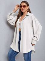 Brown Plain Collar Button Front Plus Size Tops 8252