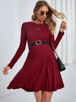 Burgundy Rib-Knit Casual Regular Fit Maternity Dresses 4657