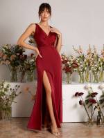 Regular Fit Burgundy Sleeveless Maxi Bridesmaid Dresses 7334