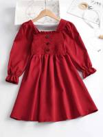 Button Long Sleeve Burgundy Square Neck Kids Clothing 8023