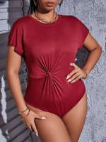 Burgundy Round Neck Plain Plus Size Jumpsuits  Bodysuits 6352