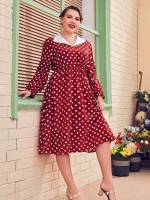 Contrast Collar Midi Burgundy Long Sleeve Plus Size Dresses 352