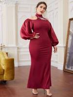 Plain Cold Shoulder Rhinestone Maxi Plus Size Dresses 381