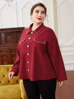 Regular Fit Burgundy Elegant Long Sleeve Plus Size Jackets 7497