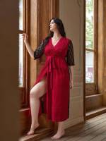 V neck  Contrast Lace Plus Size Robes  Robe Sets 5086