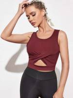 Criss Cross Scoop Neck Burgundy Women Active Tops 9029