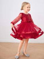 Regular Fit Glamorous Knee Length Pearls Toddler Girl Partywear 587