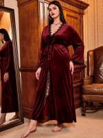 Elegant Deep V Neck Burgundy Plus Size Robes  Robe Sets 322