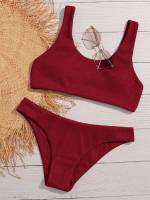  Burgundy Plain Scoop Neck Women Bikini Sets 4883