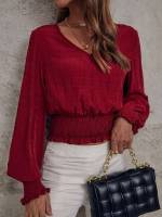 Elegant Shirred V neck Burgundy Women Tops, Blouses  Tee 8133