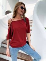 Half Sleeve Regular Fit Plain Burgundy Women Clothing 1471