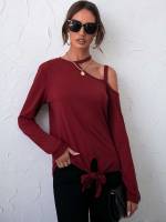 Long Sleeve Plain Burgundy Knot Women Tops, Blouses  Tee 497