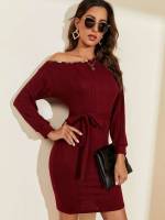  Burgundy Elegant Long Sleeve Women Dresses 7164