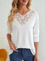 Casual Plain V neck Contrast Lace Women Clothing 5868