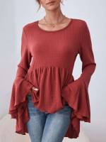 Casual Round Neck Burgundy Women Tops, Blouses  Tee 24