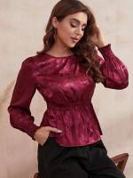 Regular Fit Burgundy Round Neck Shirred Women Blouses 3736