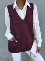 Burgundy V neck Casual Women Knitwear 4704