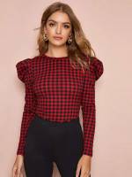 Burgundy Regular Fit Gingham Women Clothing 379