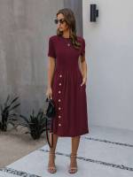  Midi Fake Buttons Plain Women Dresses 4881