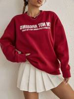 Burgundy Round Neck Slogan Casual Women Sweatshirts 628