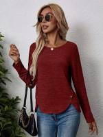 Fake Buttons Regular Burgundy Women Tops, Blouses  Tee 9300