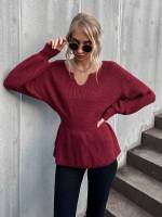 Shirred Plain Notched Women Knitwear 8222