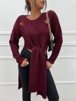 Long Elegant Long Sleeve Burgundy Women Knitwear 796