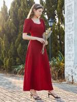 Short Sleeve Burgundy Long Elegant Women Dresses 161