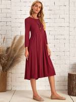 Long Sleeve Burgundy Regular Fit Midi Women Dresses 872