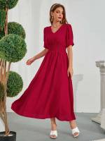 V neck Burgundy Long Elegant Women Dresses 2055