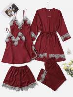  Burgundy Colorblock Long Sleeve Women Pajama Sets 556