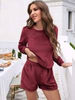 Long Sleeve Casual Burgundy Round Neck Underwear  Sleepwear 7087